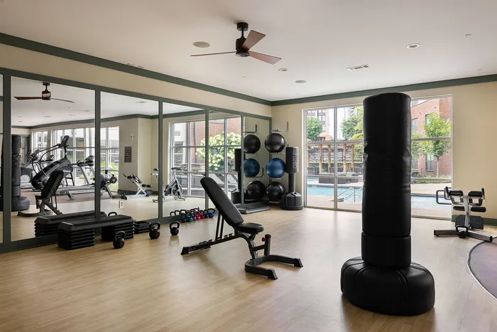 Bright and spacious gym with state-of-the-art equipment, mirrored walls, and pool views, ideal for a premium workout experience.