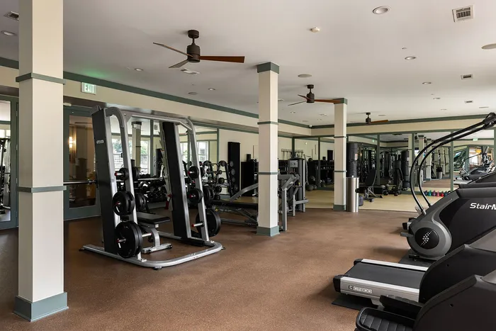 Modern fitness center equipped with state-of-the-art gym machines, free weights, and a spacious workout area.