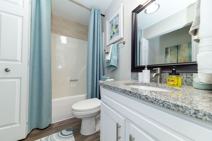 Bright and modern bathroom showcasing sleek granite countertops, elegant fixtures, and soothing blue accents.