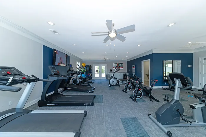 Contemporary fitness center with state-of-the-art treadmills, stationary bikes, and ample natural light.