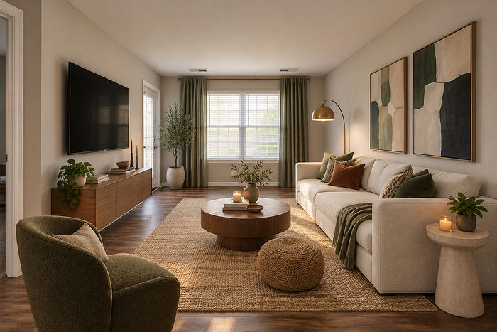 Inviting living room with natural light, featuring a cozy beige sofa, modern wooden coffee table, plush green armchair, and stylish decor.