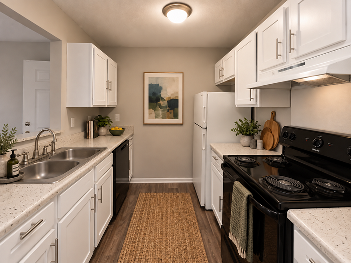 Modern kitchen with sleek white cabinetry, polished countertops, and stainless steel fixtures, offering a stylish and functional cooking space.