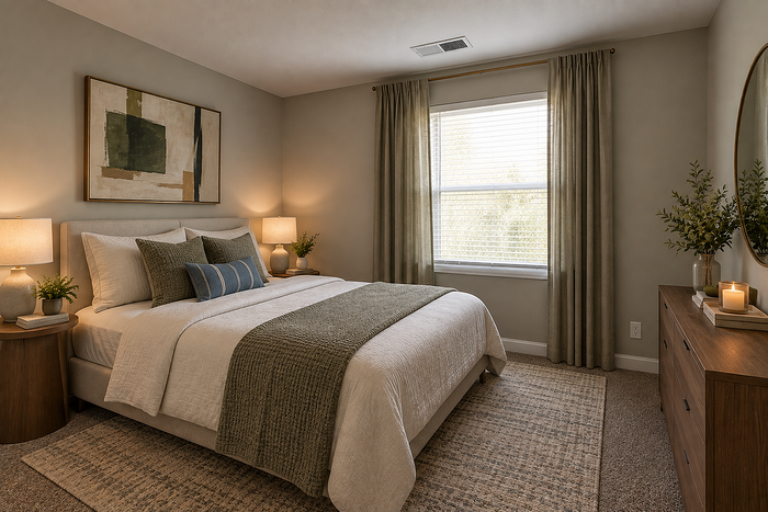 Cozy and elegant bedroom with a modern design featuring soft neutral tones, stylish bedding, and warm ambient lighting.