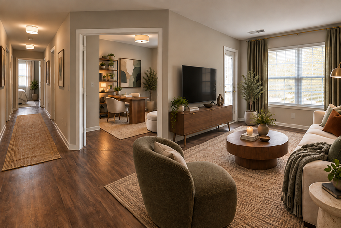 Chic and elegant living space showcasing an inviting open plan living and dining area with modern decor, abundant natural light, and warm wood flooring.