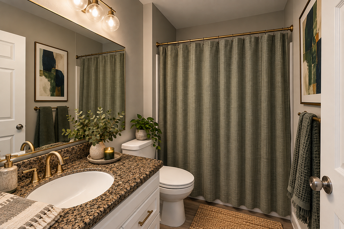 Elegant bathroom with modern lighting, lush greenery, and a sophisticated granite countertop.