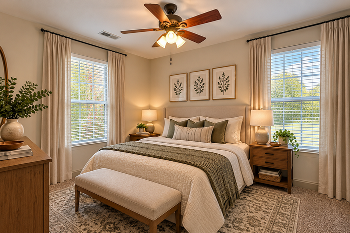 Inviting and elegant bedroom featuring a plush bed with stylish green accents, framed botanical art, and natural sunlight streaming through large windows.