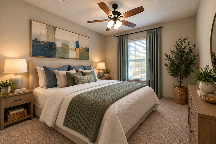 Elegant bedroom with a plush king-sized bed, stylish decor, and natural light filtering through the window for a serene atmosphere.