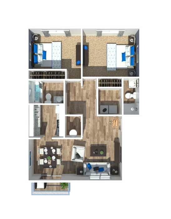 Stylish floor plan showcasing two bedrooms, a modern kitchen, and an open living area with a dining space.