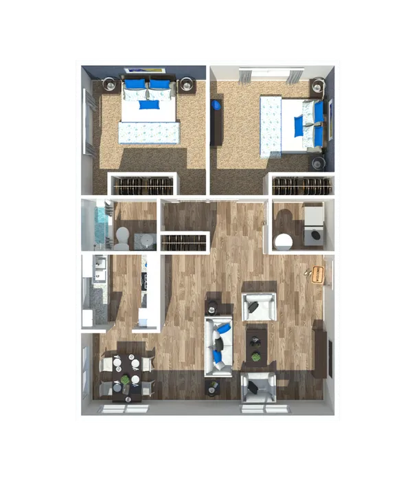 3D floor plan depicting a two-bedroom apartment with open living and dining areas.