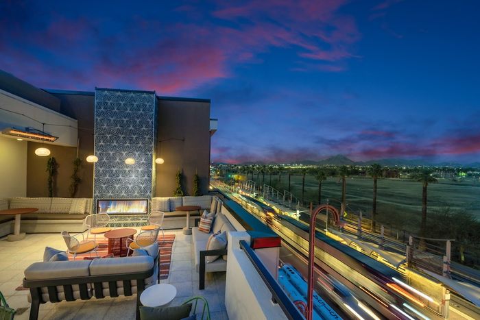 outdoor deck with view of street below