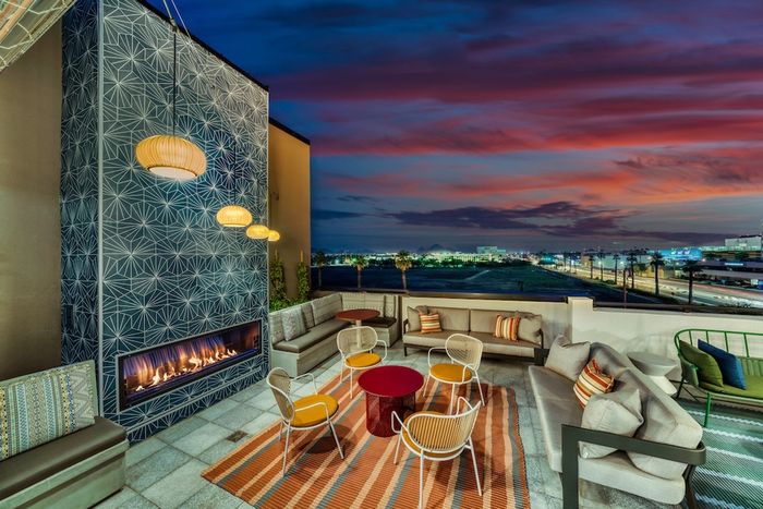outdoor deck fireplace at sunset
