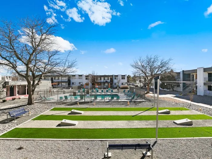 Courtyard with Cornholes