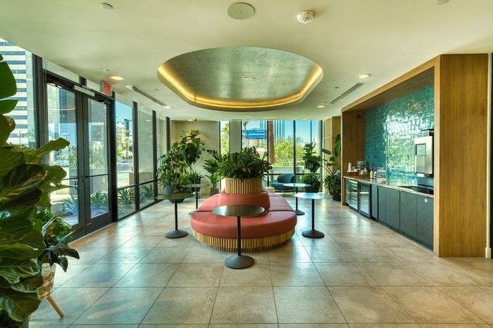 Wellness lobby with seating and coffee bar