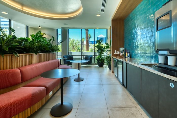 Wellness lobby with seating and coffee bar