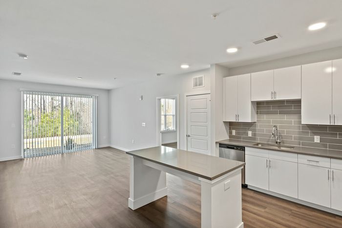large kitchen and living room with patio doors