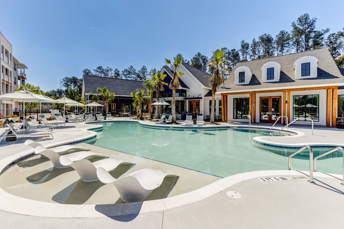 Pool deck and exterior of clubhouse
