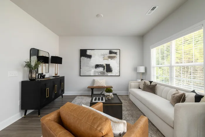 Living Room with cream and leather couch