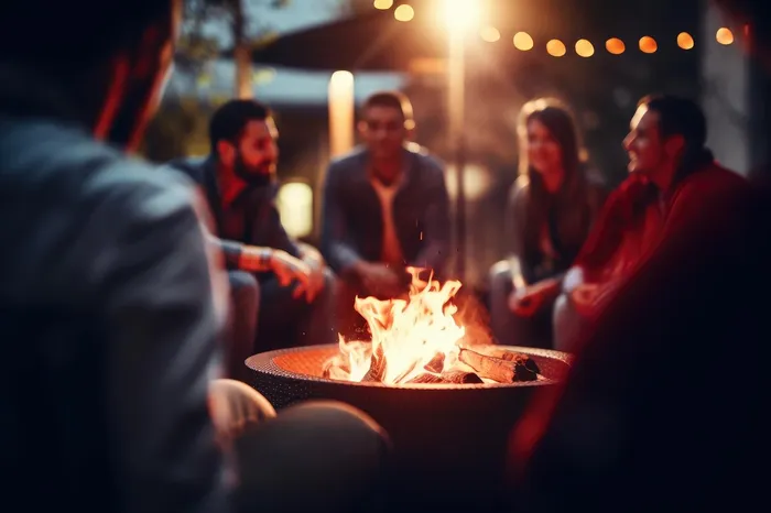 A group of people sitting around a fire pit near The Hickory at Indian Lake Village luxury apartments in Hendersonville, TN.