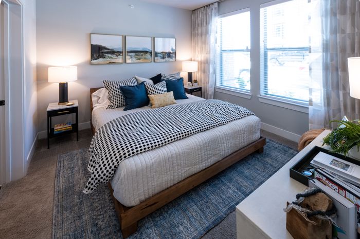 spacious bedroom with plush carpet