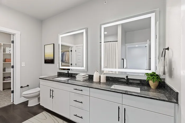 Well lit bathroom with a double vanity and spacious closet