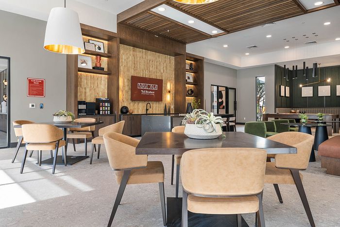 Interior clubhouse with lounge seating, ceiling lights