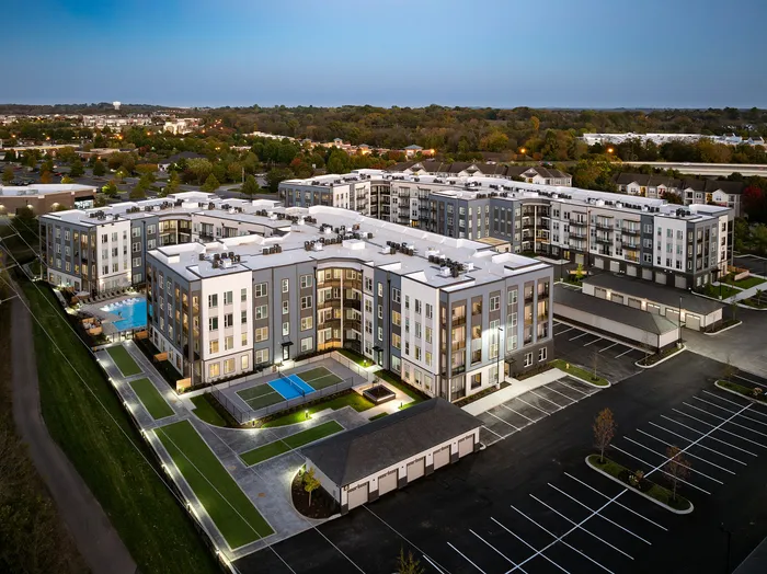 An aerial view of The Hickory at Indian Lake Village apartments in Hendersonville, Tennessee for rent.