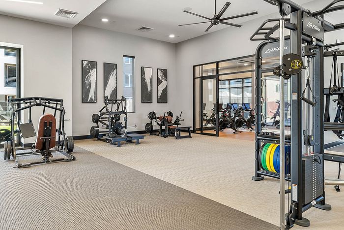 Navona interior fitness center, ceiling lighting, ceiling fan, large windows