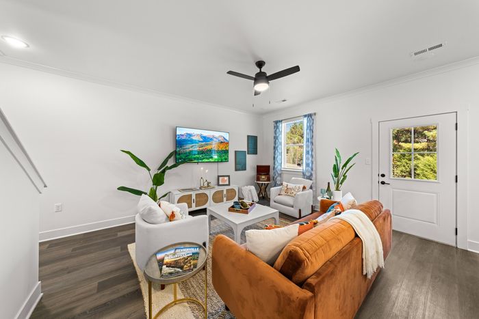 Furnished living room with coucg, rug, television, and lighted ceiling fan
