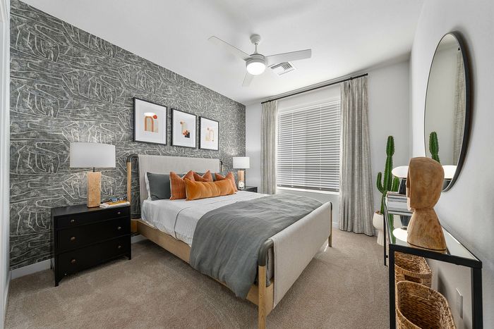 Navona bedroom furnished, carpet floor, ceiling lighting, large window