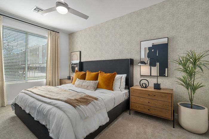 Navona bedroom furnished, carpet floor, ceiling lighting, large window