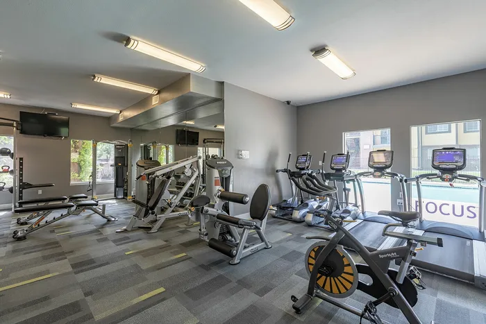 Modern fitness center equipped with treadmills, exercise bikes, and strength training machines.