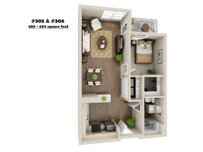 1x1-306 | 1 bed 1 bath | from 694 square feet