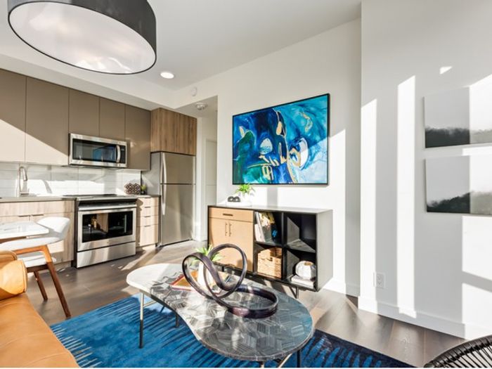 Bright apartment living space with modern kitchen, abstract art, and stylish furnishings.
