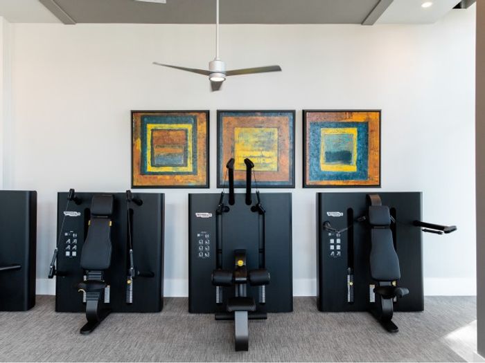 Modern gym with rowing machines and vibrant wall art in an apartment community.