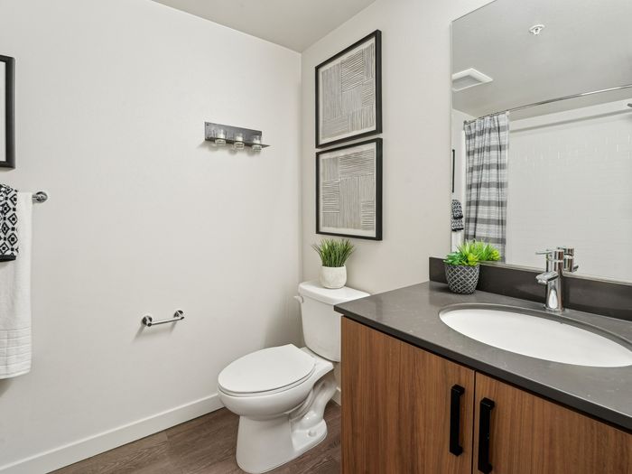Contemporary bathroom with wood vanity, quartz countertop, decorative wall art, white toilet, striped shower curtain, and potted plants adding a cozy touch.