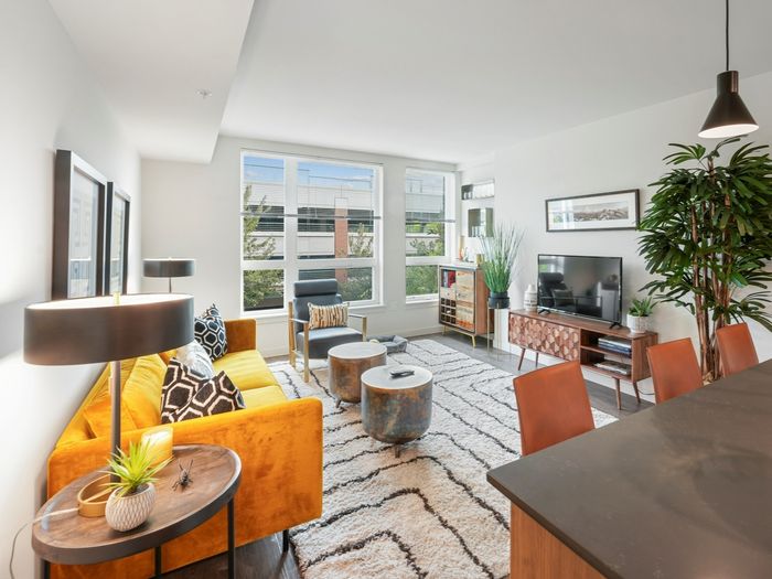 Open-concept living room with a yellow velvet sofa, patterned rug, mid-century TV console, accent chair, indoor plants, and large windows bringing in natural light.