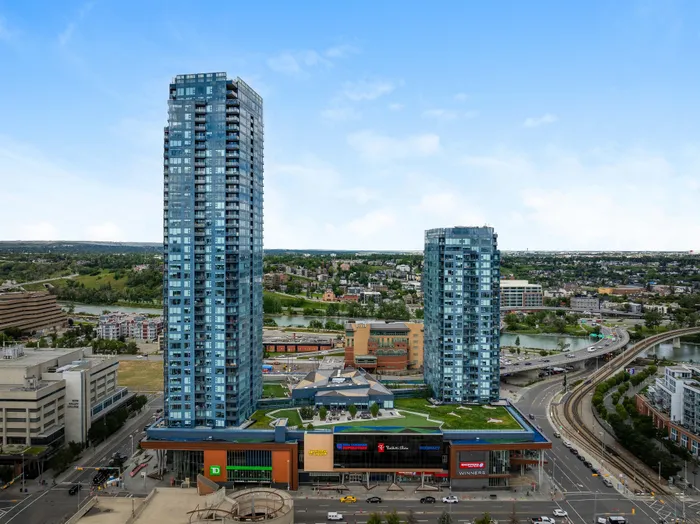 Stunning urban skyline with modern high-rise towers, chic retail storefronts, and scenic city views, perfect for vibrant city living.