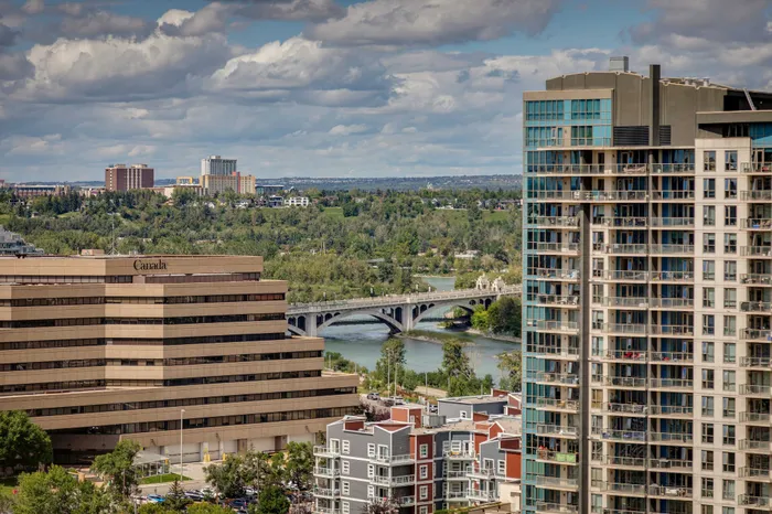 Scenic cityscape with a modern high-rise and picturesque bridge overlooking lush greenery and a flowing river.