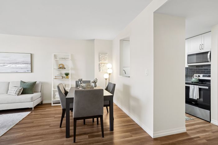 Modern apartment showcasing an elegant dining area with sleek chairs and decor, connected to a stylish kitchen with stainless steel appliances, and a comfortable sitting area with a cozy couch.