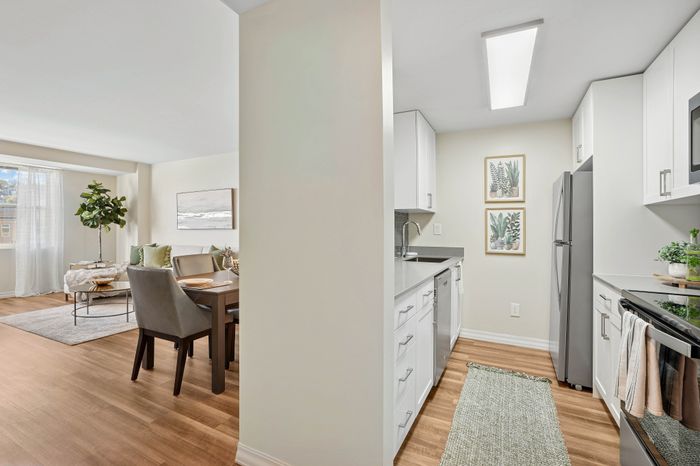 Modern open-concept apartment with bright living room and sleek kitchen, featuring wooden floors, elegant dining area, and contemporary decor.