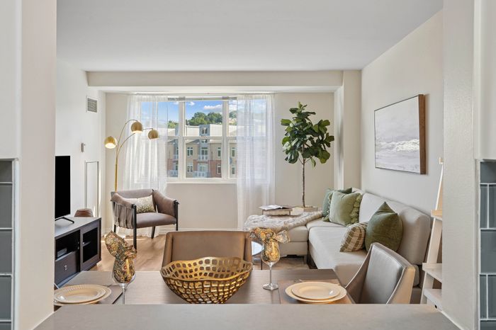 Bright, modern living room with stylish decor, large windows, and chic furniture, offering a welcoming space with natural light.