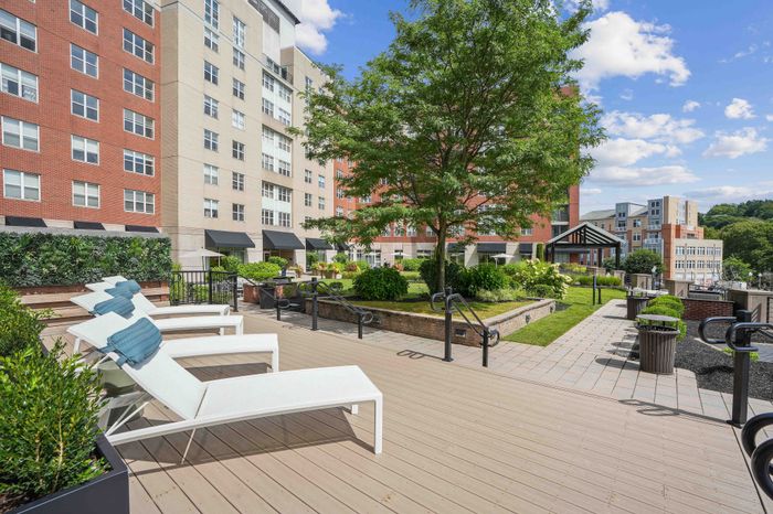 Chic outdoor lounge with modern chairs, lush greenery, and scenic views at a contemporary apartment complex.