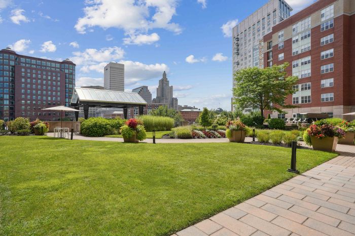 Vibrant cityscape view from a lush rooftop garden, featuring modern buildings and beautifully landscaped greenery on a sunny day.