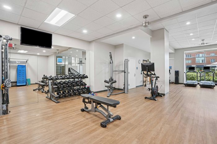 Modern apartment gym with sleek equipment, featuring weights, benches, and treadmills against a bright, airy setting.