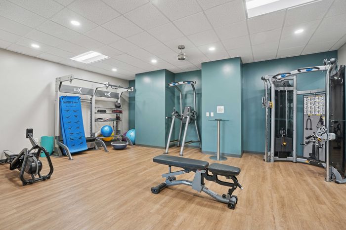 Modern gym with high-end equipment, including weight machines and exercise balls, on sleek wooden floors and calming teal walls.