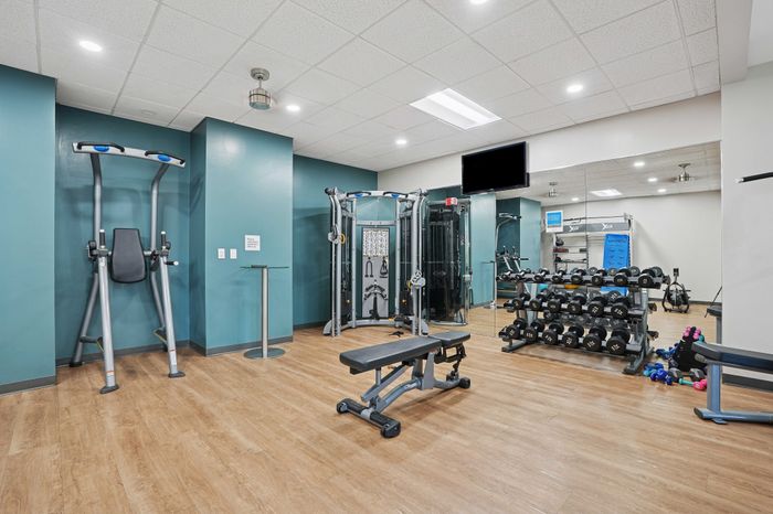 Sleek fitness center equipped with modern gym machines, free weights, and polished wooden flooring, ideal for an invigorating workout experience.