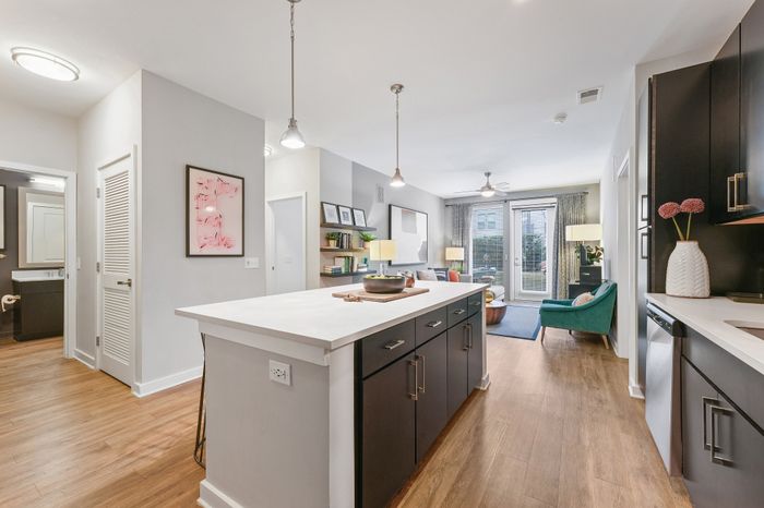 Chic open-concept apartment kitchen and cozy living area with modern decor and abundant natural light.