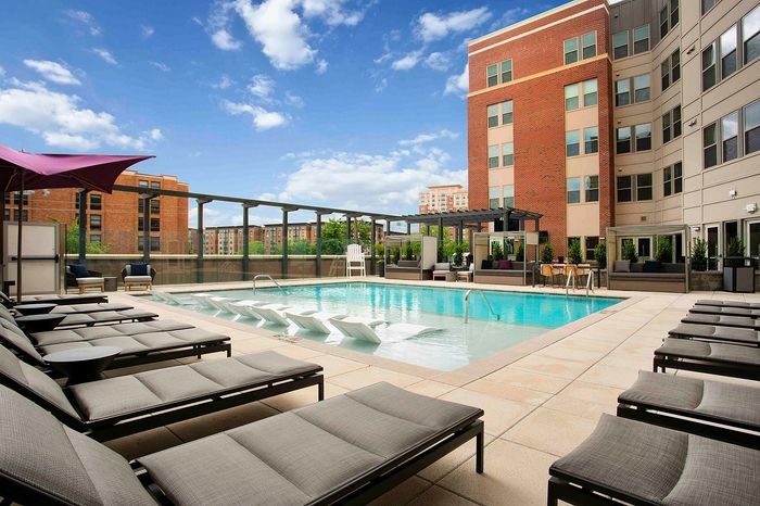 Luxurious apartment rooftop with a sparkling pool surrounded by elegant loungers, offering a perfect urban retreat with stunning city views.