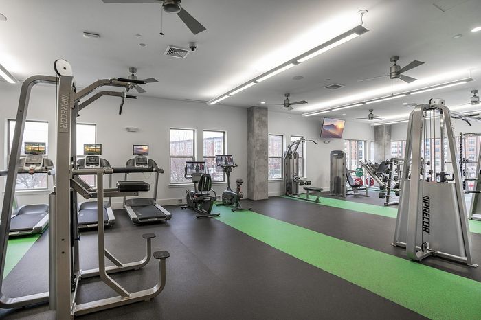 Modern gym with state-of-the-art equipment, featuring treadmills, stationary bikes, and strength machines, accented by natural lighting and a sleek design.