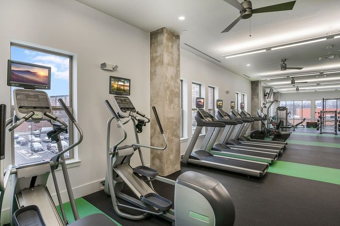 Bright and modern fitness center featuring state-of-the-art treadmills and elliptical machines with scenic city views.